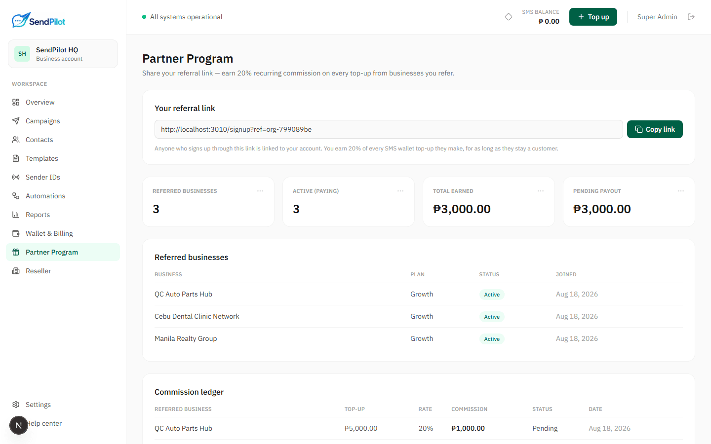 SendPilot Partner Program dashboard showing referral link, earnings, and commission ledger