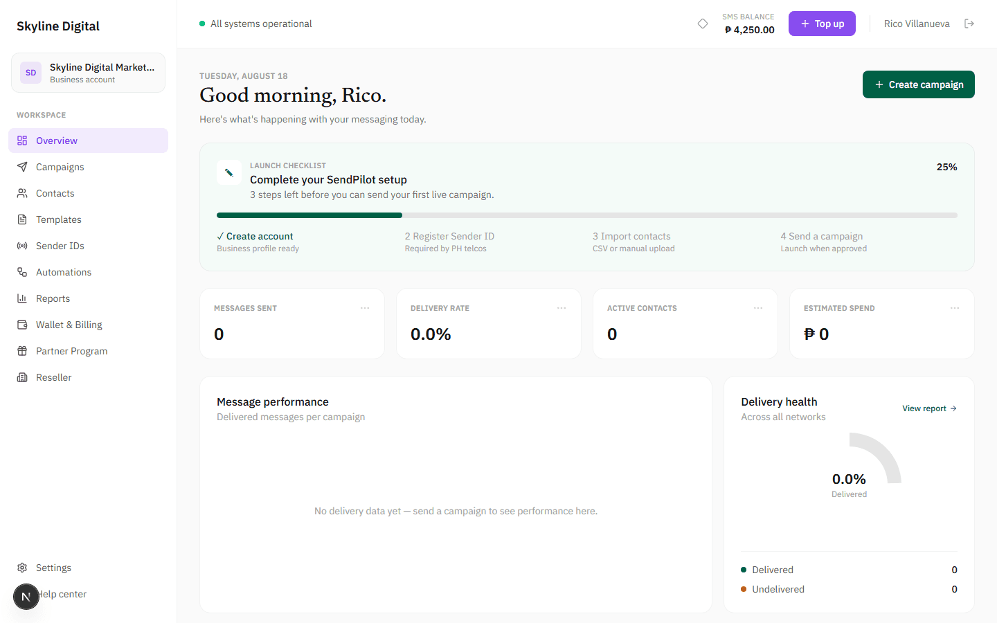 A client sub-account dashboard fully rebranded with a custom name, logo, and purple accent color