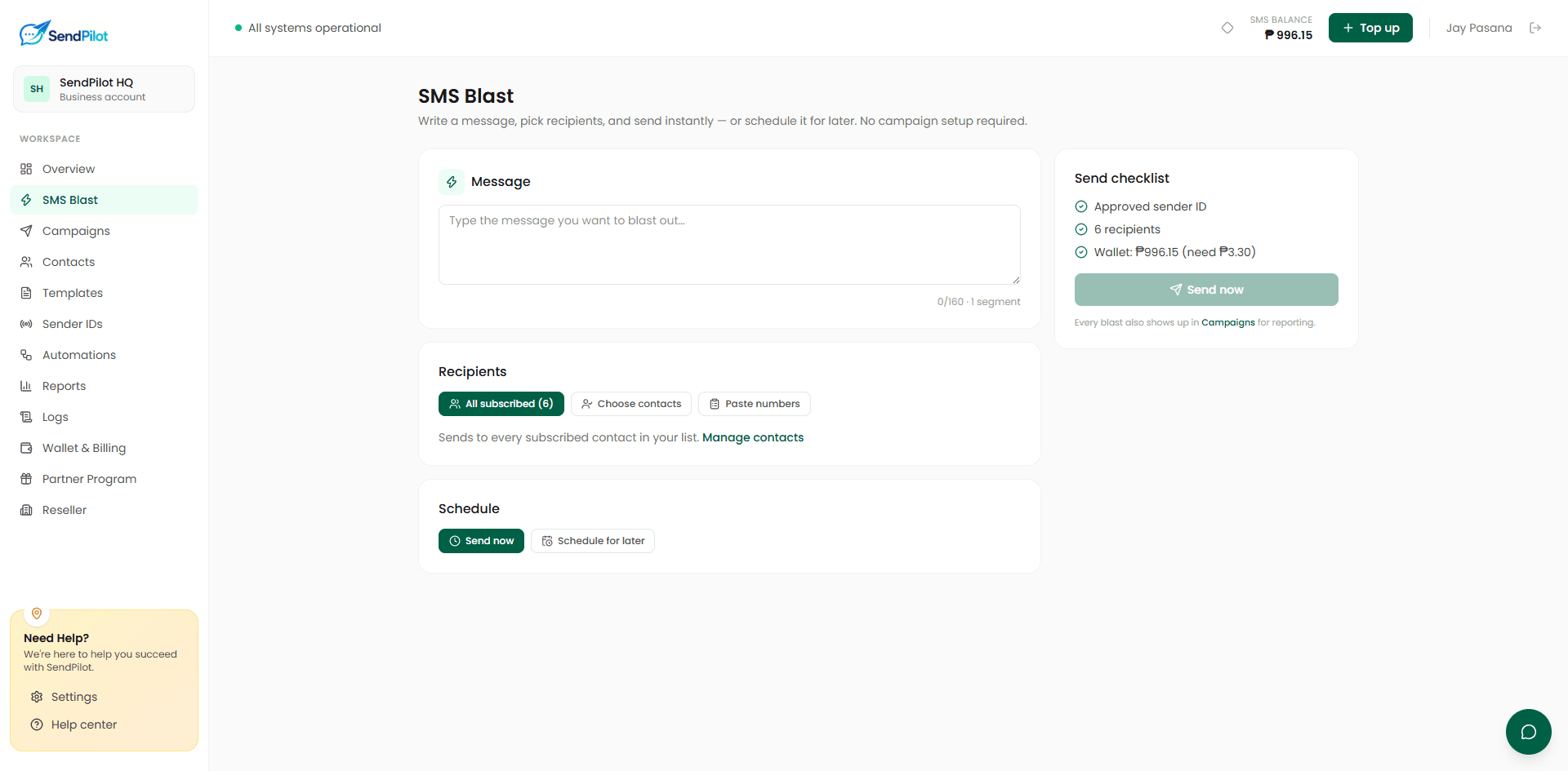 SendPilot SMS Blast